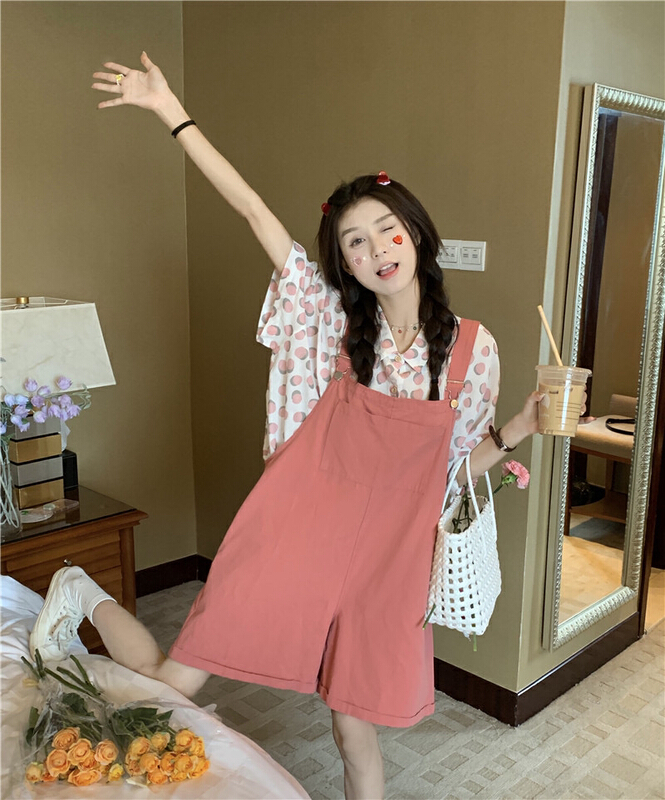 [dolly] loose dot short sleeve shirt + age reducing suspender suit 7383\pcz