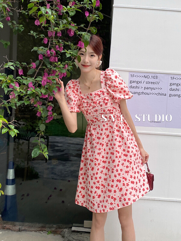 [SYL] floral pleated square neck dress 5222\l