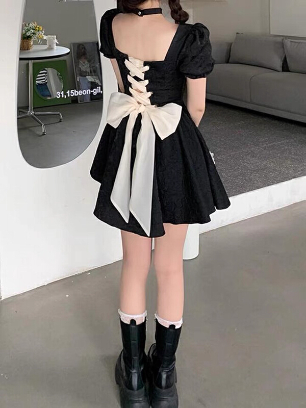 [Kiki studio] little woman slim bubble sleeve high waist dress (with a scarf) ys1-5991\hjy