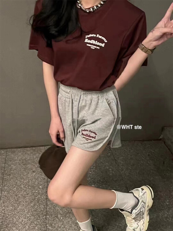 [wht] Korean alphabet printed short sleeve T-shirt + casual versatile Shorts Set ys1-4080\wtt