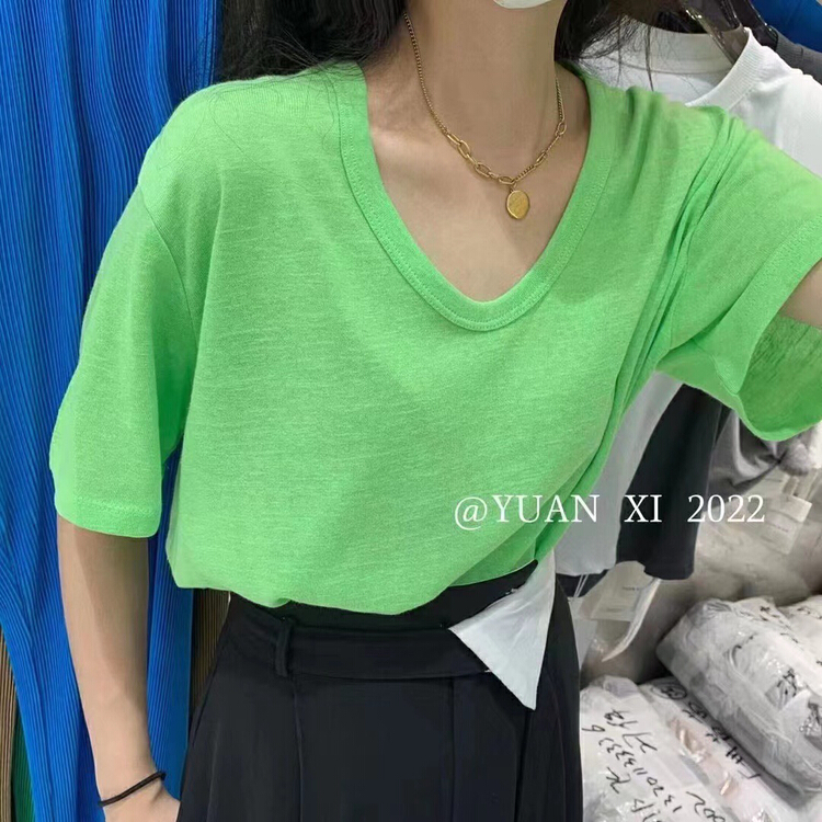 [Yuanxi] loose and versatile low neck short sleeve T-shirt ys2-3047\lsl