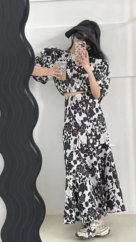 [mi ni] Korean design retro small shirt + high waist skirt set 1243\pcz