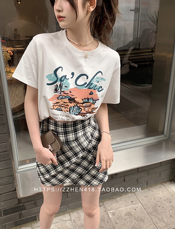 Live broadcast! [y.jia EJA] cartoon short sleeve T-shirt lattice skirt set 6166