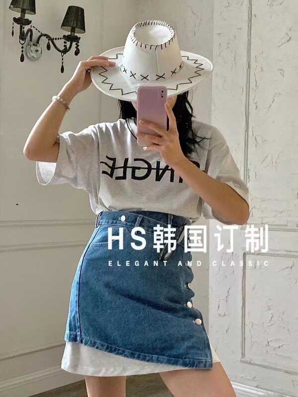[HS customized in Korea] Korean casual round neck lettered print long short sleeve + single breasted denim suit 68899\hjy