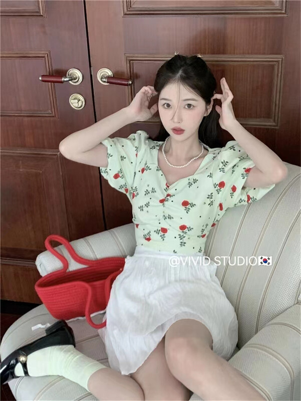 [vivid] Korean Style Rose Print short shirt 1655\zjy