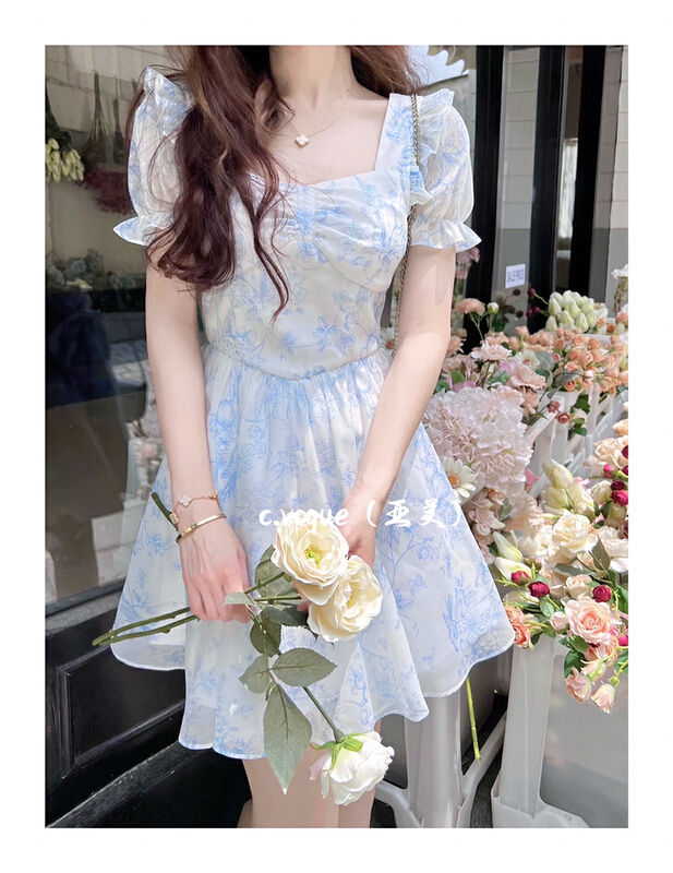 [c.vogue] French soft floral waist dress (with detachable bow) (dress only) 3839\pcz