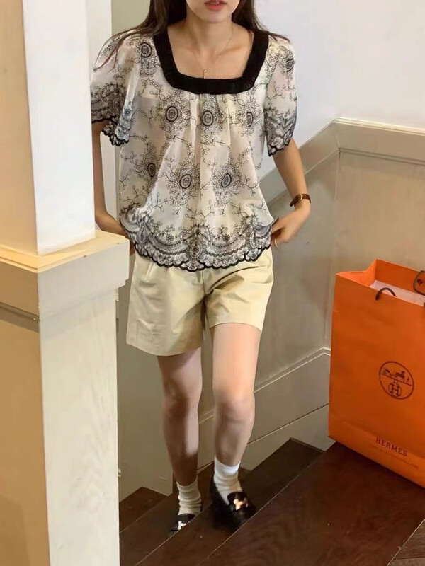 [orange] French retro printed Square Neck Shirt 8923\hbx