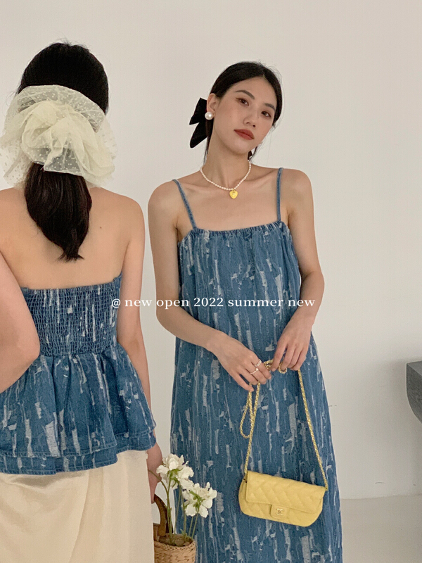 [new open] French suspender backless printed loose waist dress fb22826y\zxl