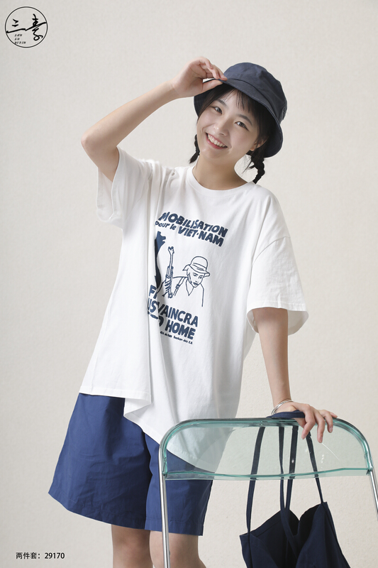 [original three plain clothes] literary and artistic printed T-shirt and shorts set 29170