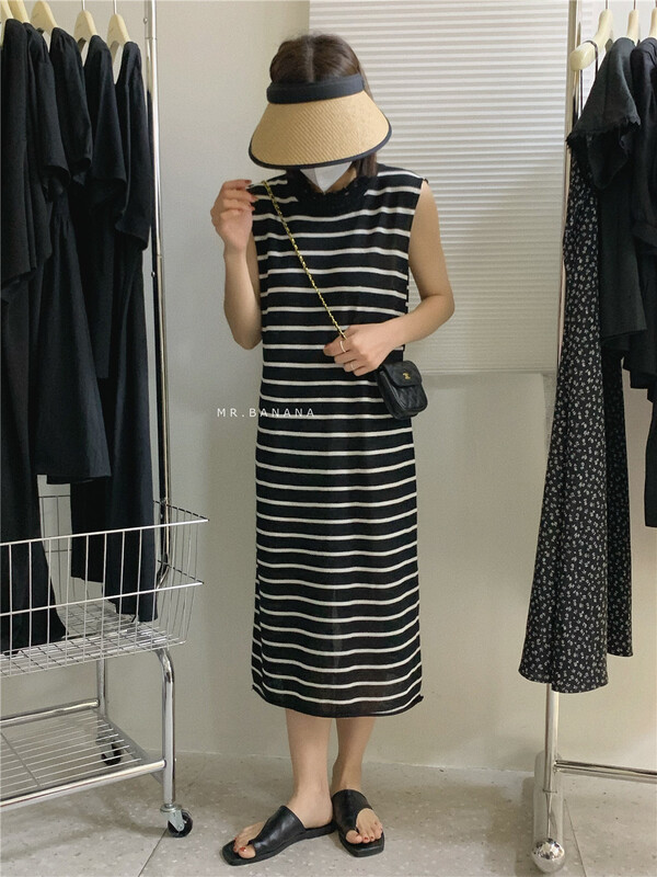 [mr.banana] round neck stripe comfortable dress f13\l