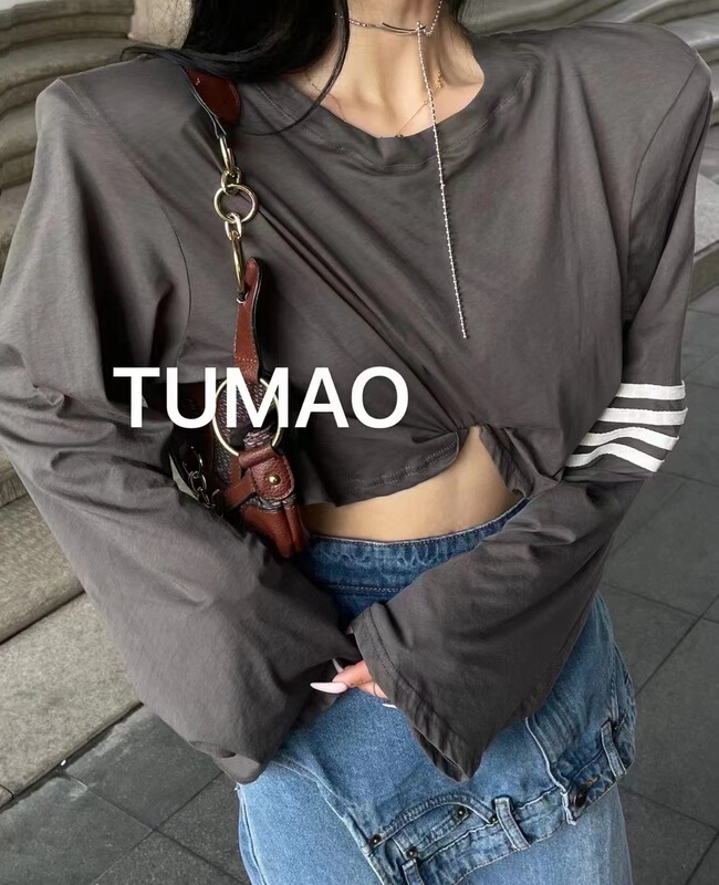 [DL] simple casual round neck loose shoulder pad long sleeve T-shirt 8771\wtt