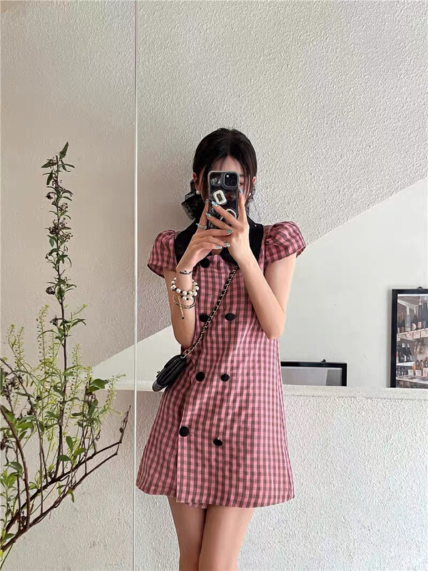 [chennnle] gentle style double breasted contrast Plaid Dress 9611\pcz