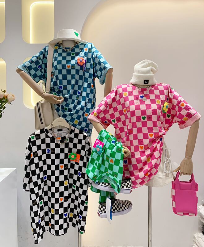 [wlady] checkerboard embossed loose short sleeve T-shirt (flowers can not be removed) 397\wtt