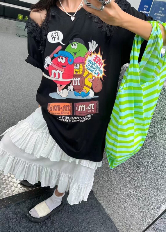 [SASA] Korean cartoon lace stitching short-sleeved T-shirt 766# PCZ