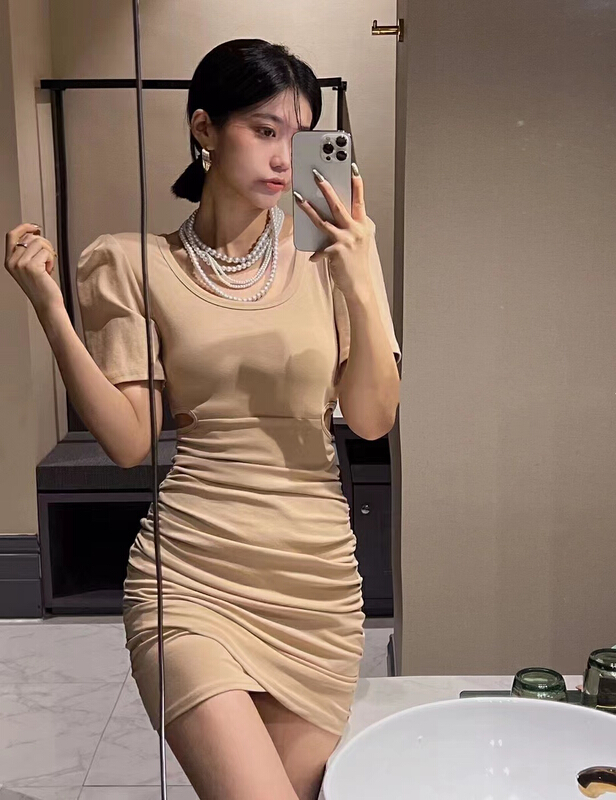 [Hb] round neck waist down solid dress (without chain) 8255\pcz