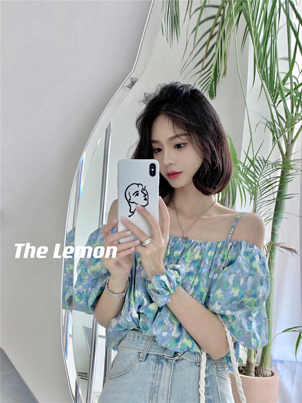 [lemon green tea] Korean off shoulder sling shirt (with hair circle) ys1-0172\hjy