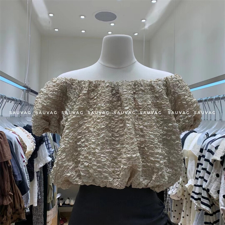 [sauvag] off shoulder short style wrinkled shirt 3032\zjy