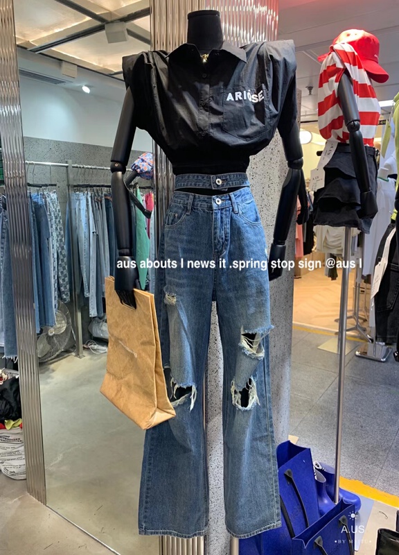 【 aus 】 hole breaking versatile washed jeans g627\pcz