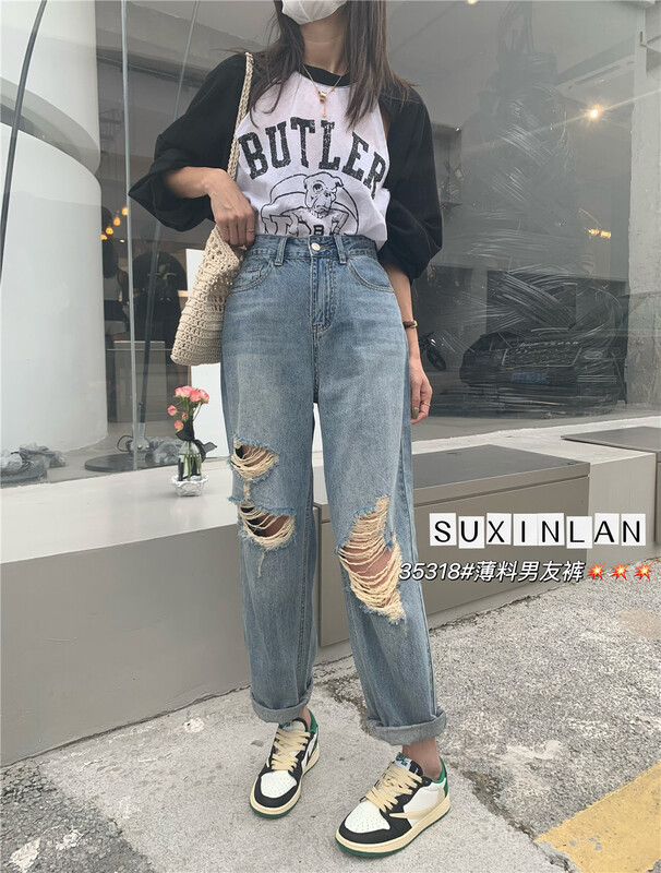 [suxinlan] high waist pierced comfortable jeans 35318\lsl