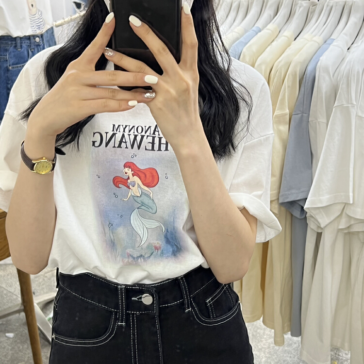[Li Bai] Korean Mermaid print loose short sleeve T-shirt 2833-1\ll