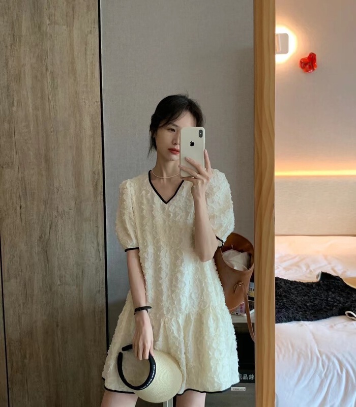 [o.lucky] simple temperament V-neck contrast dress 1829\hbx