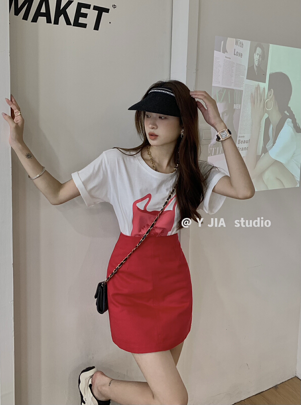 Original price 66.55! [y.jia EJA] simple cartoon short sleeve T-shirt + versatile solid skirt set ys1-3322