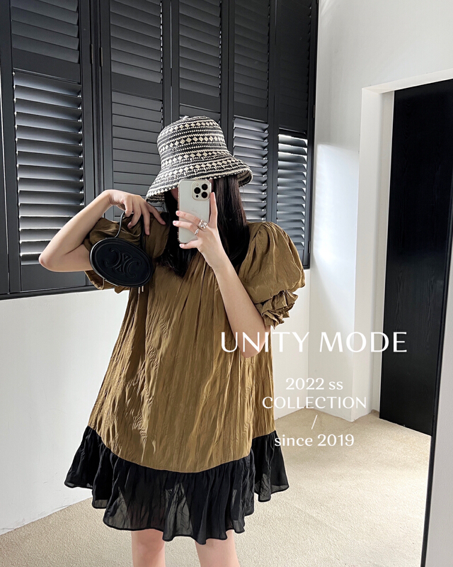 [unit] design sense niche patchwork dress bubble sleeve medium length 8089