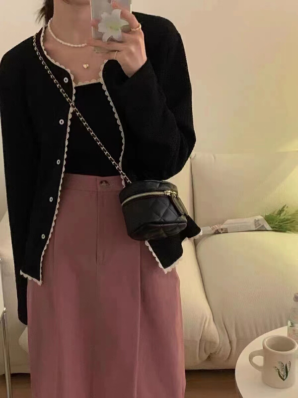 [tototellme] Korean simple splicing LACE VEST + simple color matching versatile knitted open suit 20309\hbx