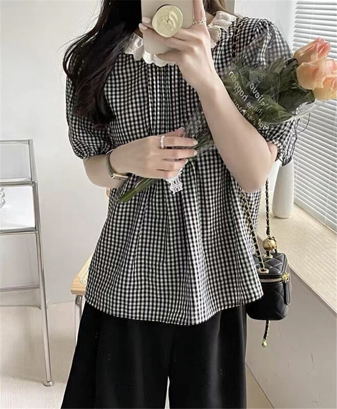 Original price 50.76! [purple potato family] checkered simple lace collar shirt ys2-8816\hbx