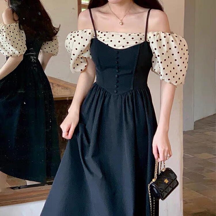 [jun.t] French herringbone neck off shoulder wave point waist dress 6142\pcz