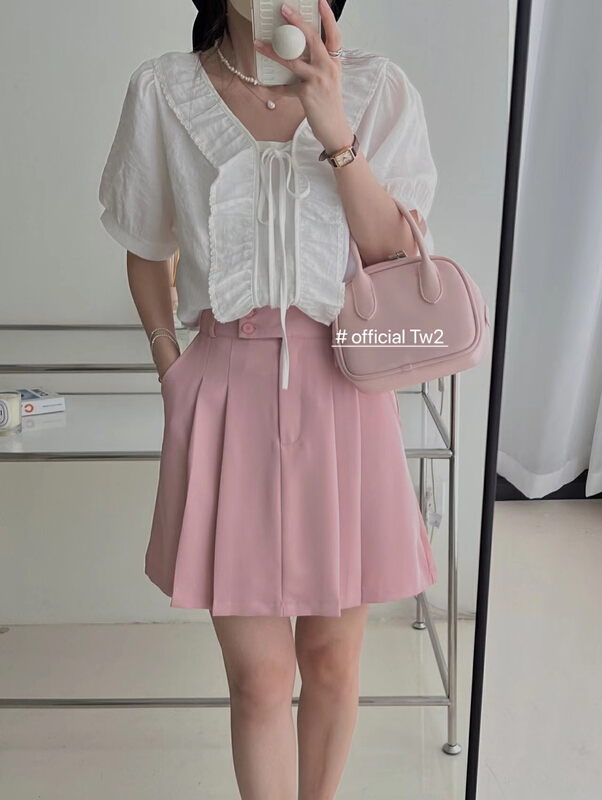 [TW2] Korean versatile lace up Ruffle V-neck shirt (only selling small shirts) 15280\hbx