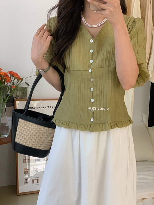 [RS] V-neck single breasted pleated shirt rs2113\y