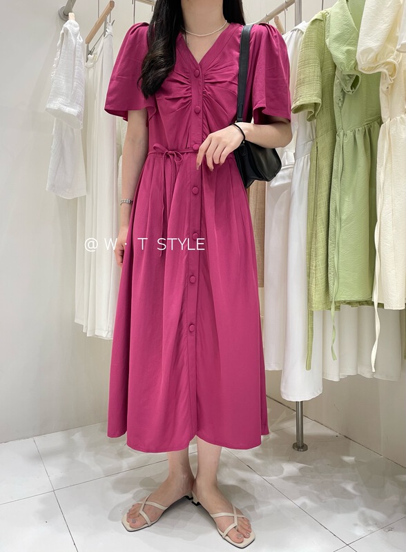 [wt] Korean V-neck button up waist dress 9053\hbx