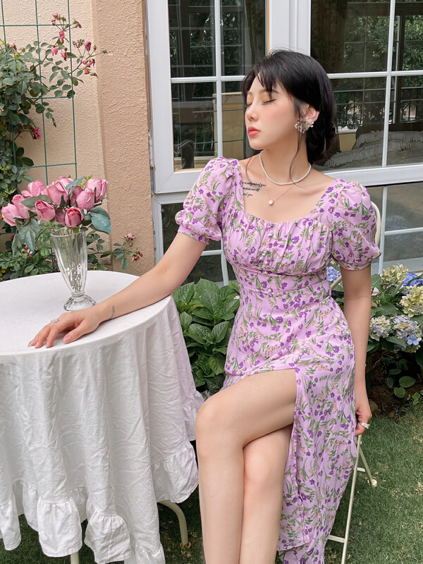 [mi2] Korean floral bubble sleeve square neck waist dress b6298\jj