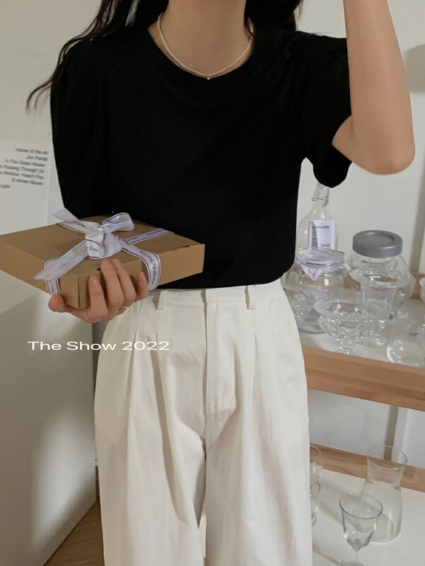 [the show] Korean simple solid color round neck short sleeve T-shirt 20187\cls