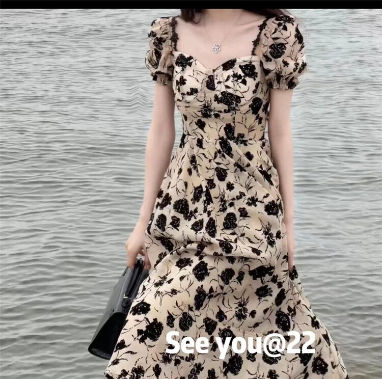 [see you] French retro floral long bubble sleeve dress (with detachable neck rope) 31012 \pcz