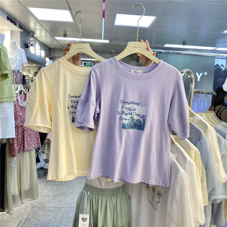【 purpler 】 Korean version small fresh offset round neck short sleeve T-shirt 0977\hjy