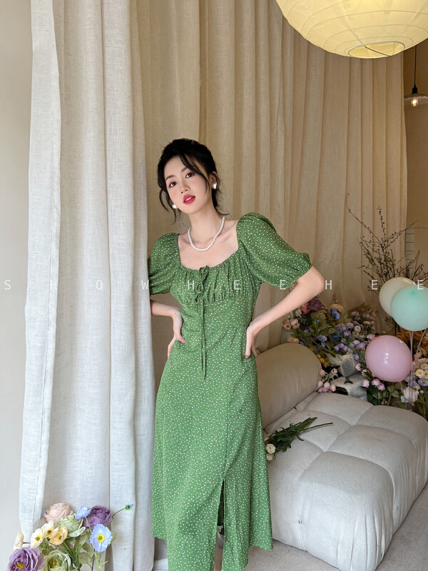 [xiuxixi] French retro waist closing thin bubble sleeve square neck dress 8122\jhy