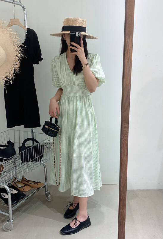 [chocolate] Korean version back hollowed out Plaid Dress (with belt) 20057\ll