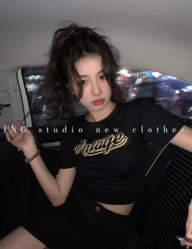 [ing] round neck contrast letters short sleeve T-shirt small shirt with two side DRAWCORDS 7850