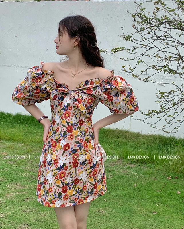 [LMK] lace up floral off shoulder dress 2221\hjy