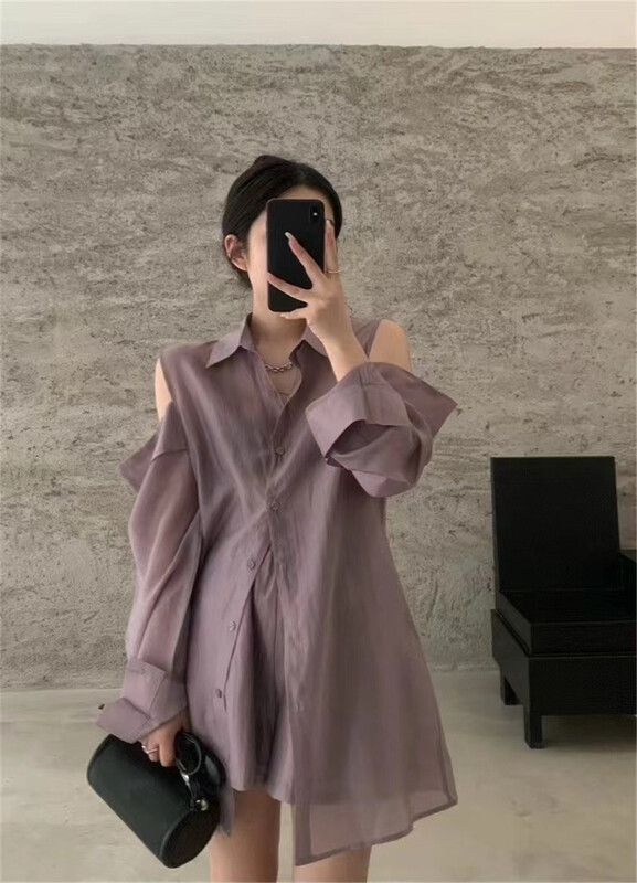[OA] leisure simple open shoulder sunscreen shirt + simple and versatile comfortable casual Shorts Set 1286\xyy