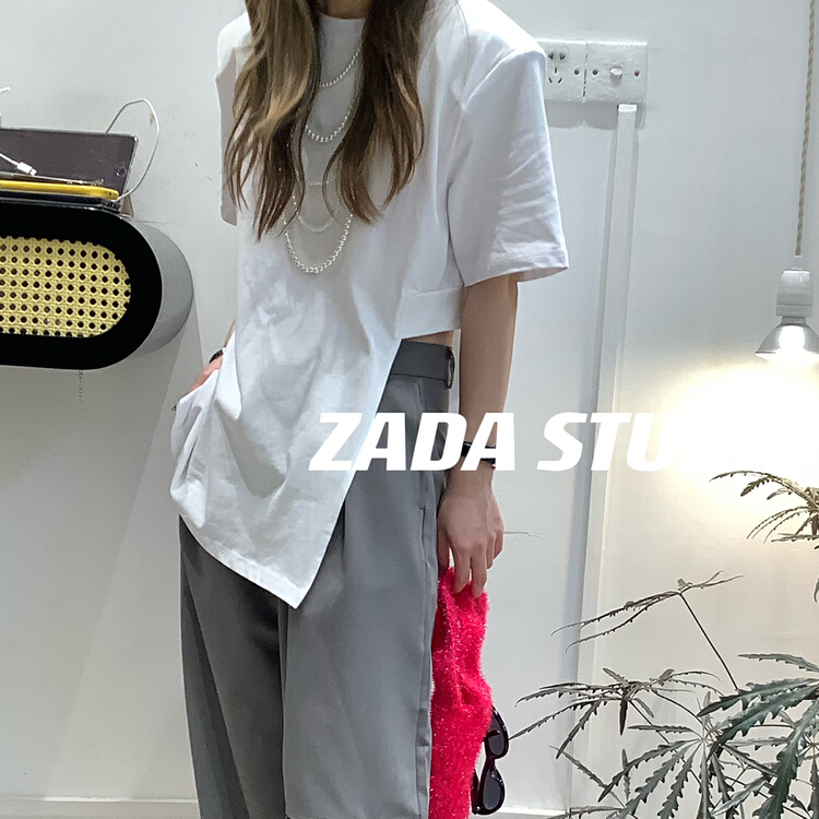 [Zada] irregular design round neck simple clean short sleeve T-shirt 3309\wtt