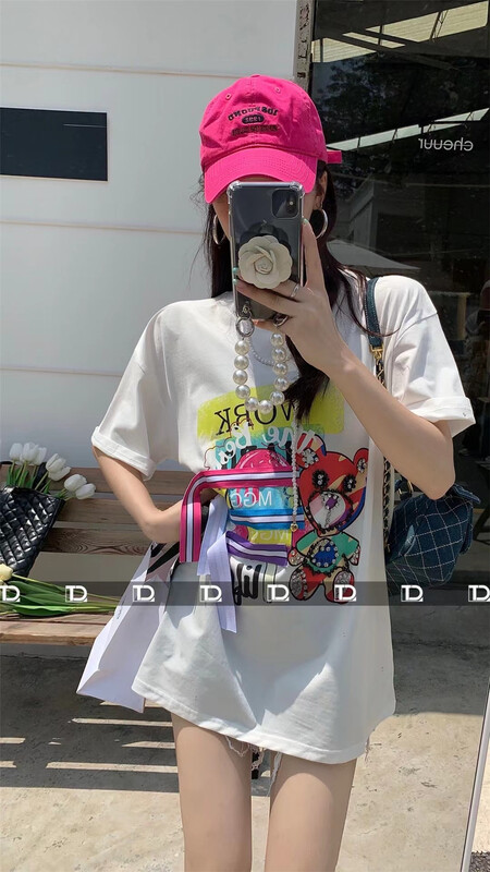 [tangdou original] heavy industry Nail Drill back webbing Korean Pullover printed short sleeve T-shirt 9671\wtt