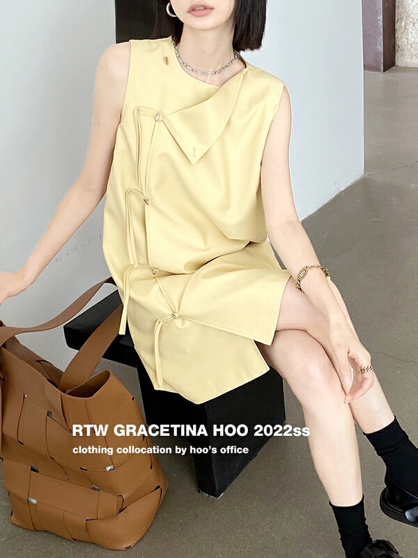 [gracetina Hoo] new Chinese vertical Lapel two-piece dress irregular rope buckle decoration ly6188