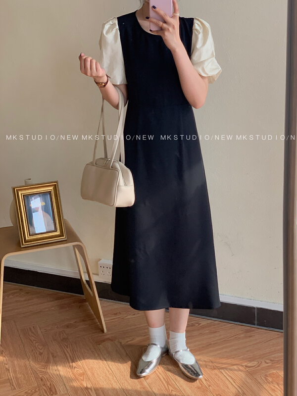 [MK] fashion color blocking medium length dress 3297\hjy