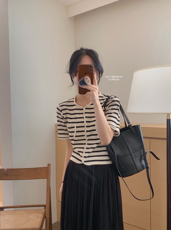 [your room] Korean stripe short knitted cardigan ys1-550\zxx