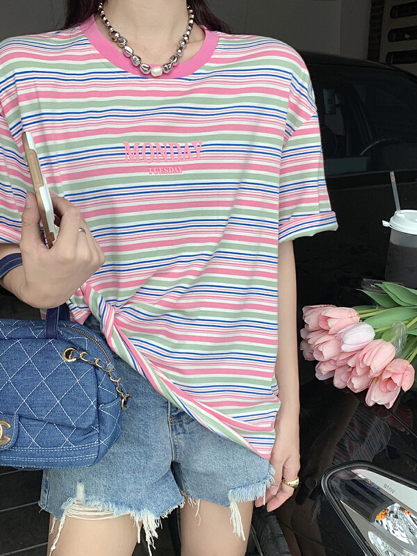 [our] simple casual stripe letter print loose short sleeve T-shirt 10313\lsw
