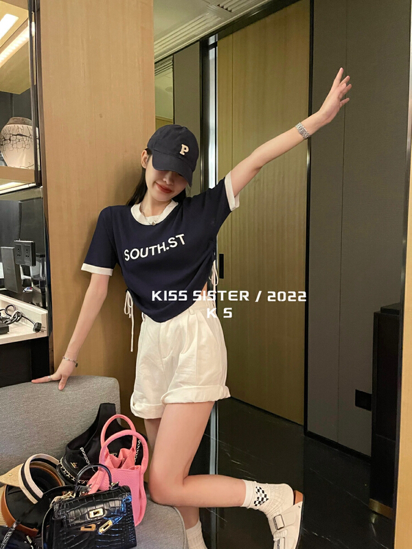 [kiss sister] Korean embroidered letter drawstring design t-shirt 22m8083