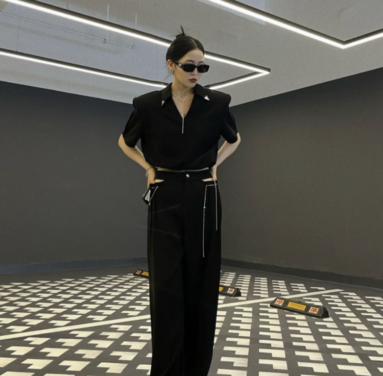 [c.h.z] waist exposed chain wide leg floor dragging casual pants 80090\wtt